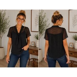 Anthropologie BB Dakota Black Swiss Dot Sheer Tie Neck Blouse Women Size S Top